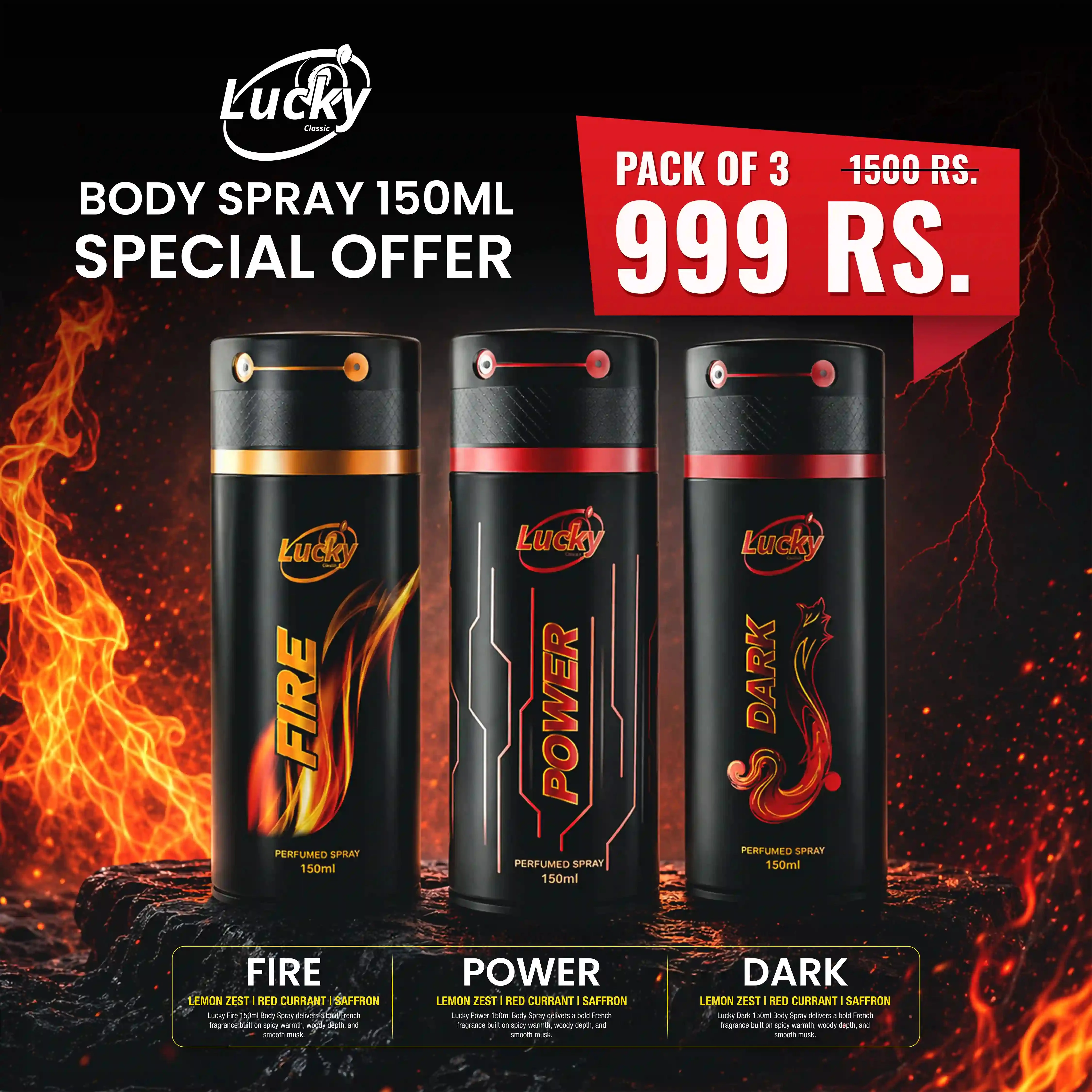 Special Offer: Lucky Power,Dark,Fire Body Spray 150ml