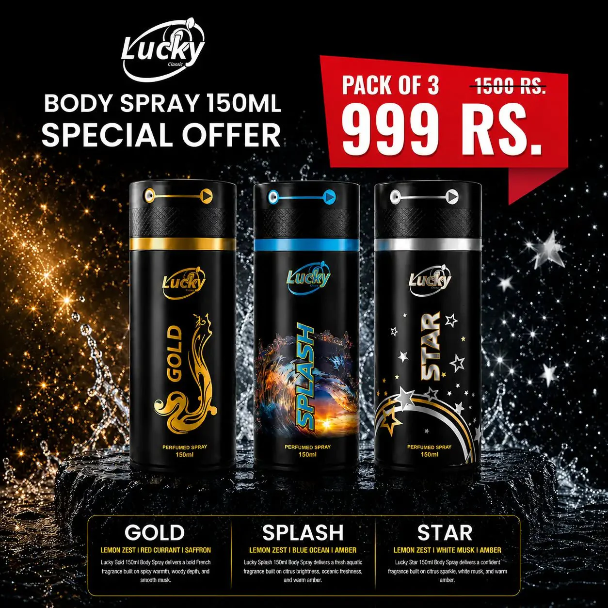 Special Offer: Lucky Splash,Gold,Star Body Spray 150ml - Image 2